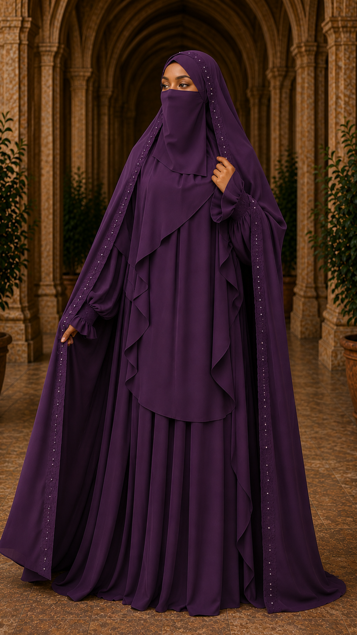 Nur Chadar Set – Flower & Pearl Trim Overhead Abaya with Pleated Abaya & Half Niqab Black Olive Green Navy Blue