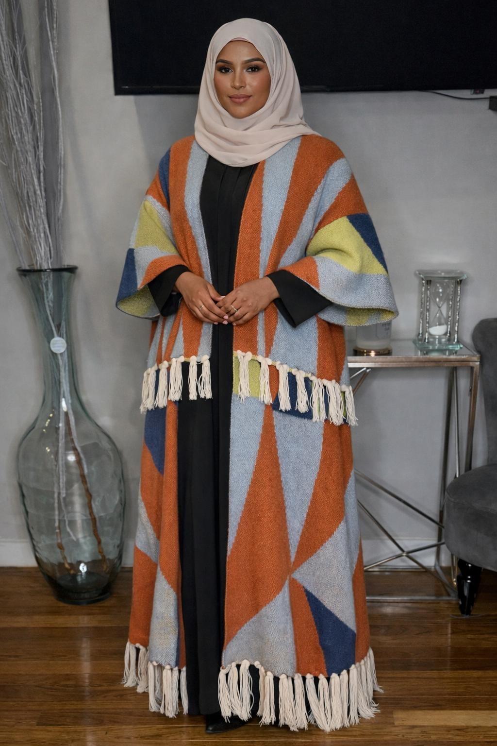 Brand B Curated Blue Modest Fringe Cardigan | Luxury Modest Layering Abaya Cardigan