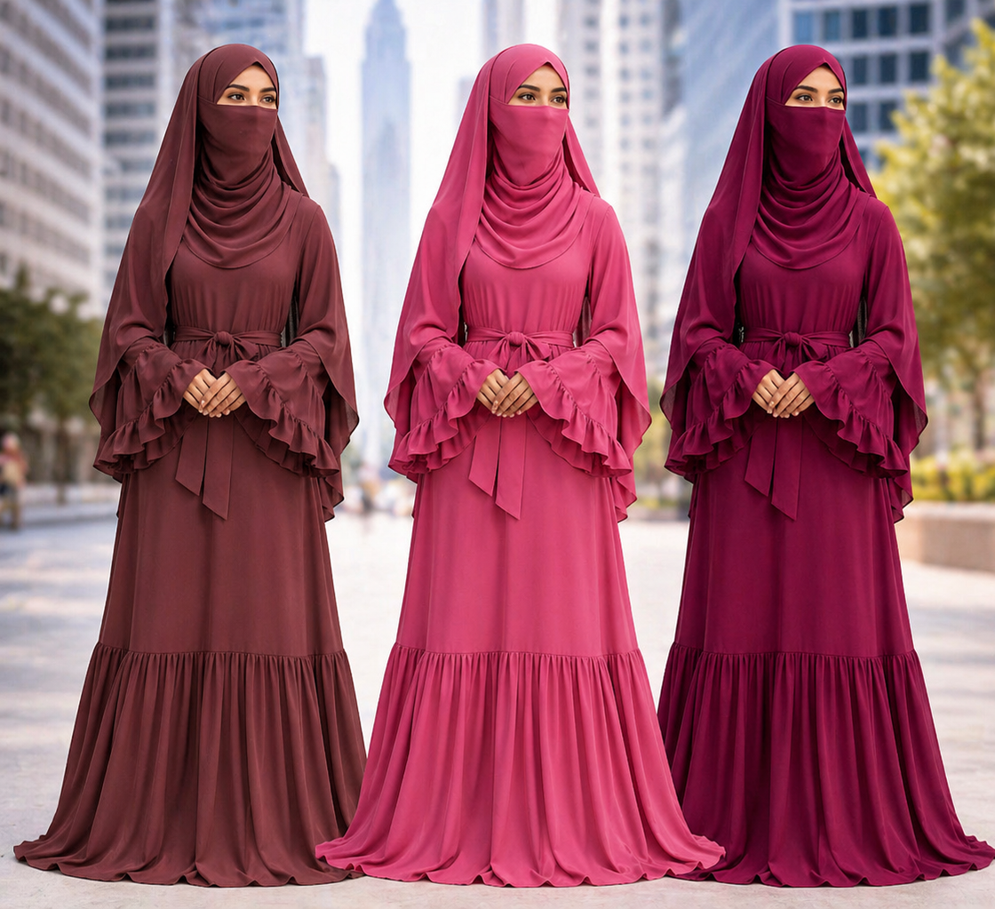 RAFA (Berry) Abaya Set – 3 Piece Modest Set with Khimar & Half Niqab