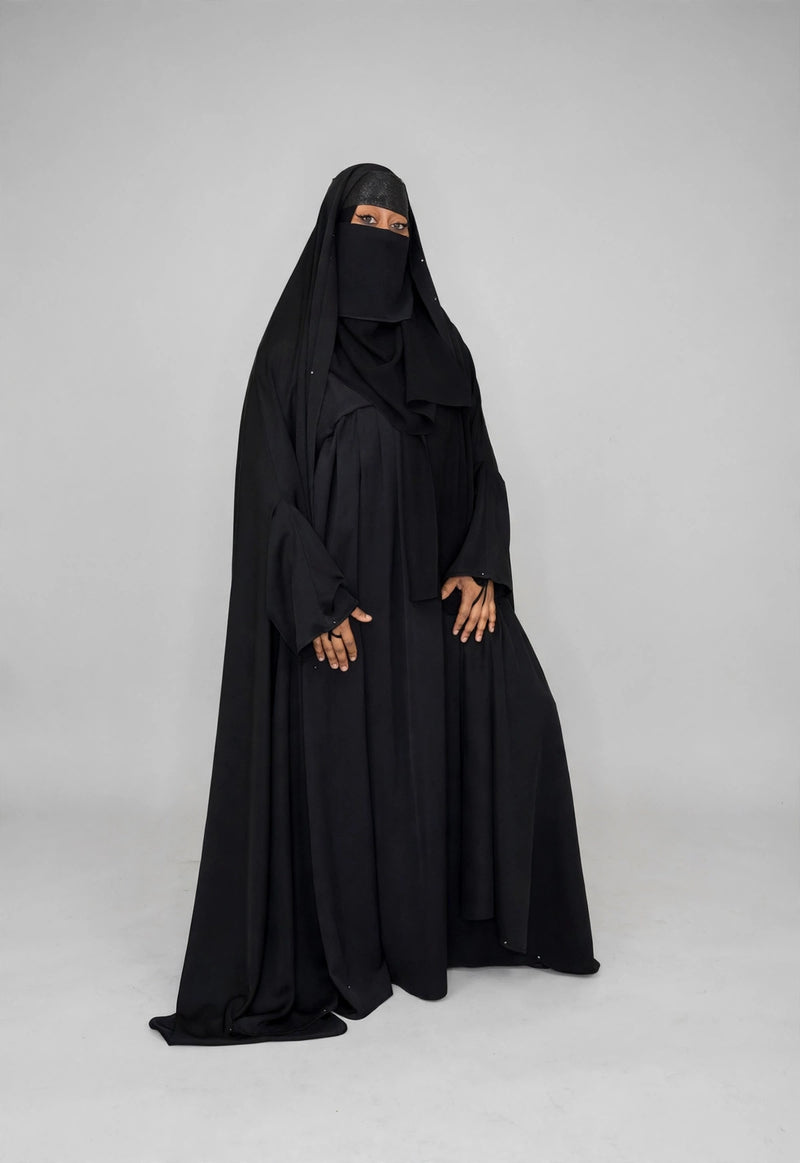 Najeebah Black Open Overhead Abaya w/ Black Crystals