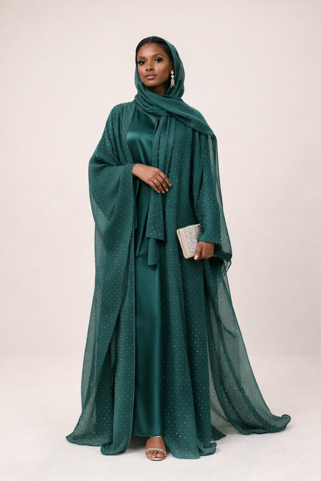 ZARA Emerald Satin Abaya Set | Luxury Sheer Overlay Abaya | Brand B Curated