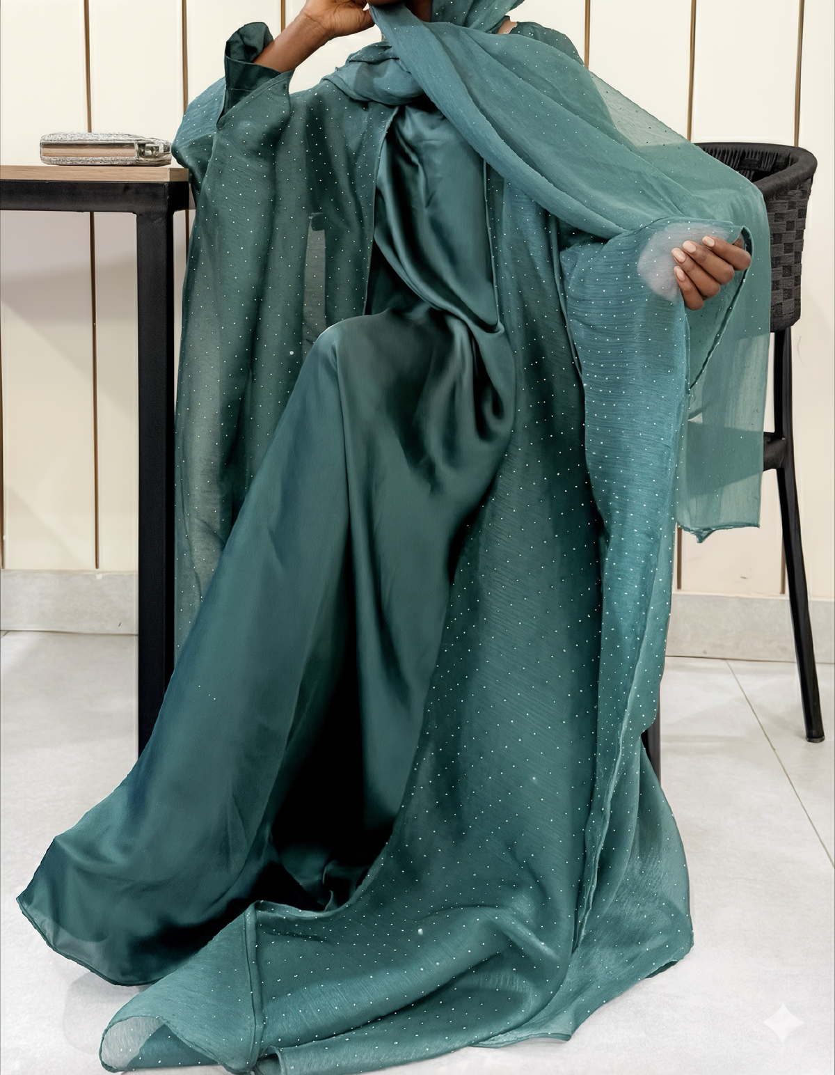 ZARA Emerald Satin Abaya Set | Luxury Sheer Overlay Abaya | Brand B Curated