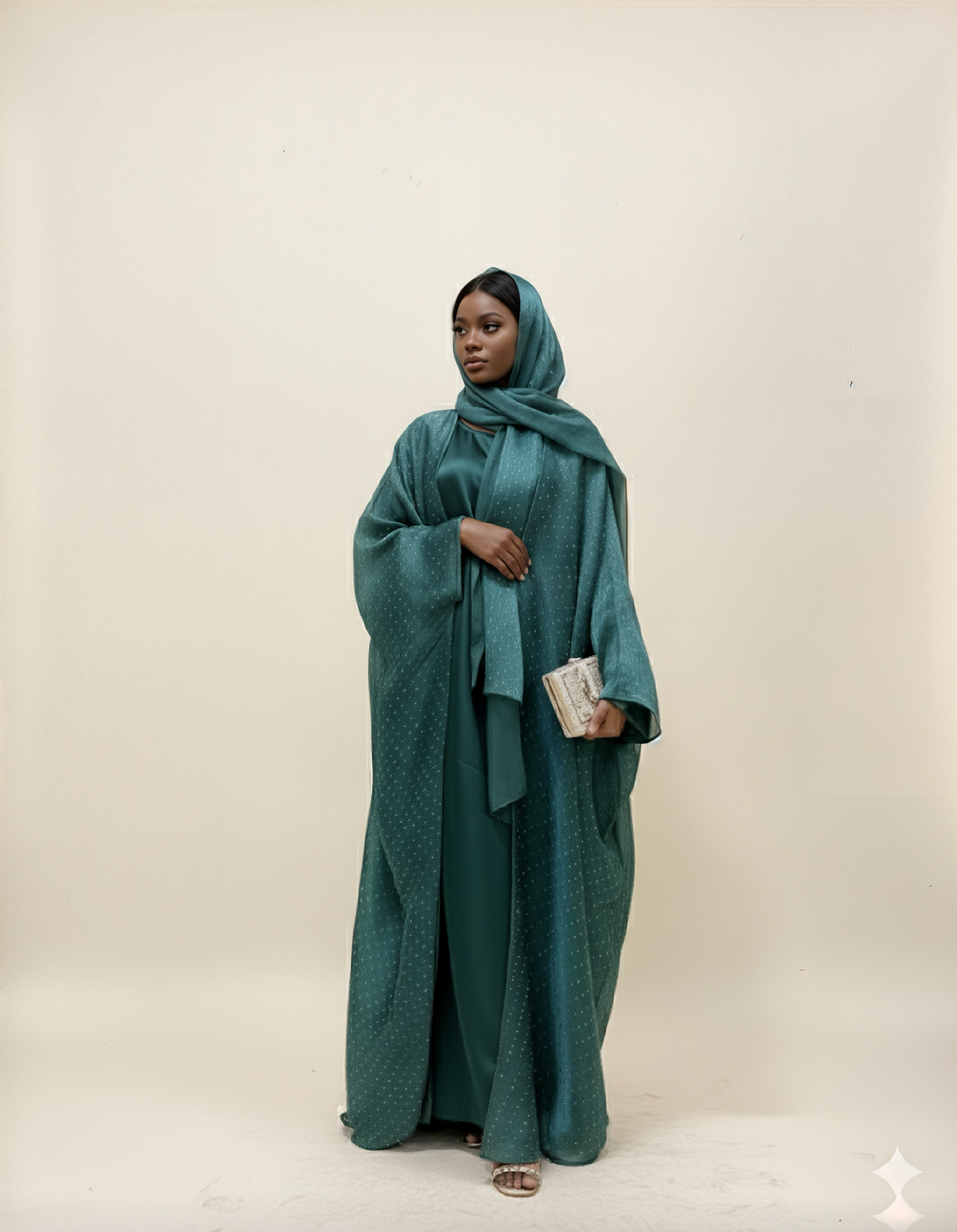 ZARA Emerald Satin Abaya Set | Luxury Sheer Overlay Abaya | Brand B Curated