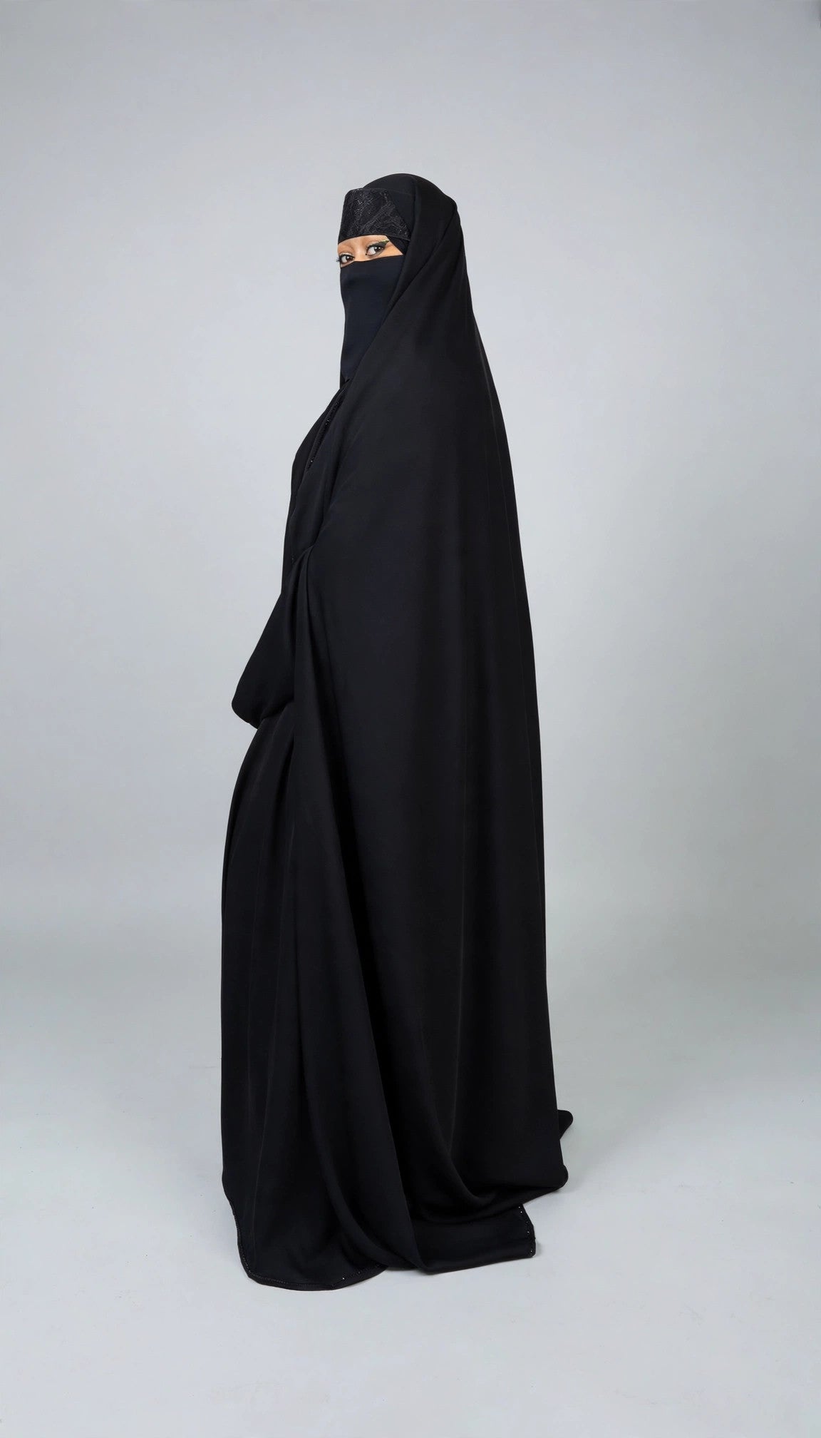 Najeebah Black Open Overhead Abaya w/ Black Crystals