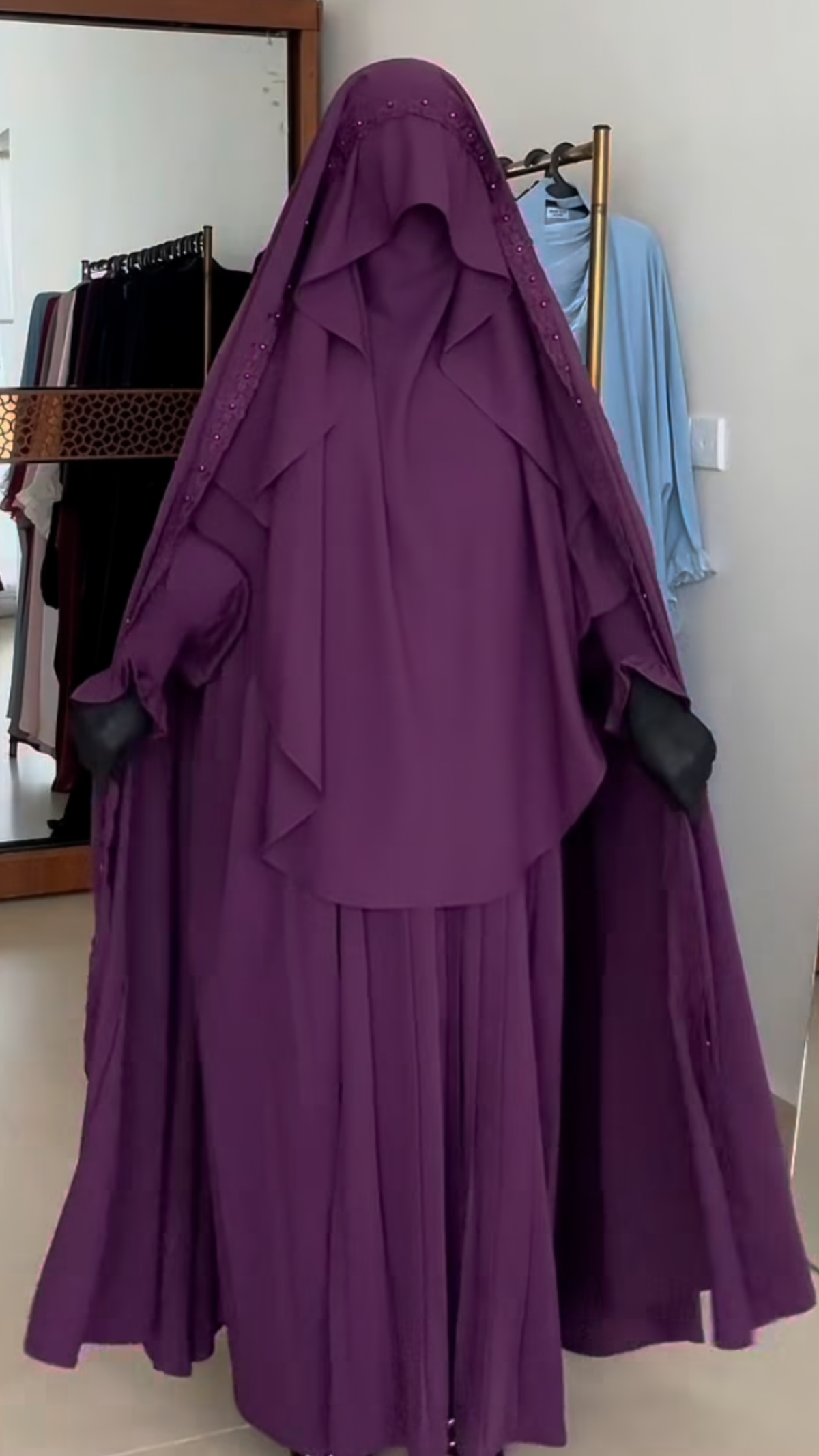 Nur Chadar Set – Flower & Pearl Trim Overhead Abaya with Pleated Abaya & Half Niqab Black Olive Green Navy Blue
