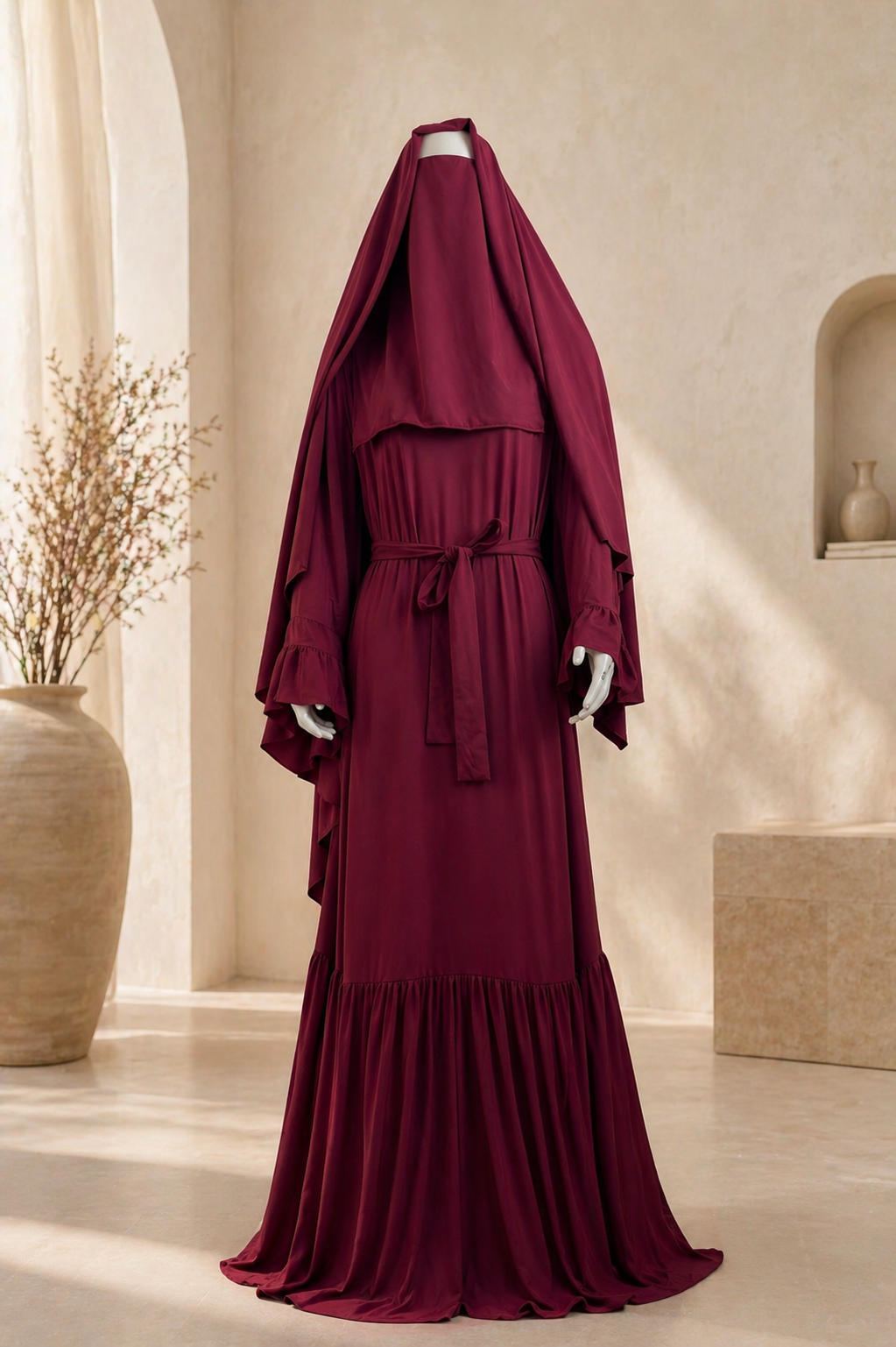 RAFA (Berry) Abaya Set – 3 Piece Modest Set with Khimar & Half Niqab