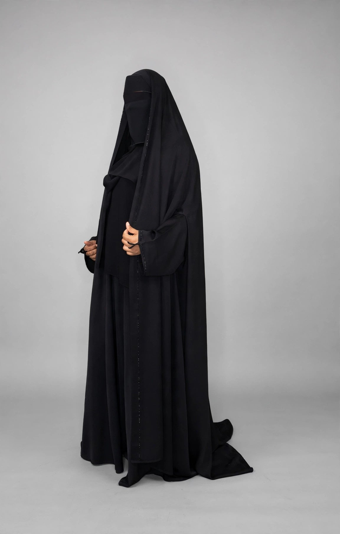 Najeebah Black Open Overhead Abaya w/ Black Crystals