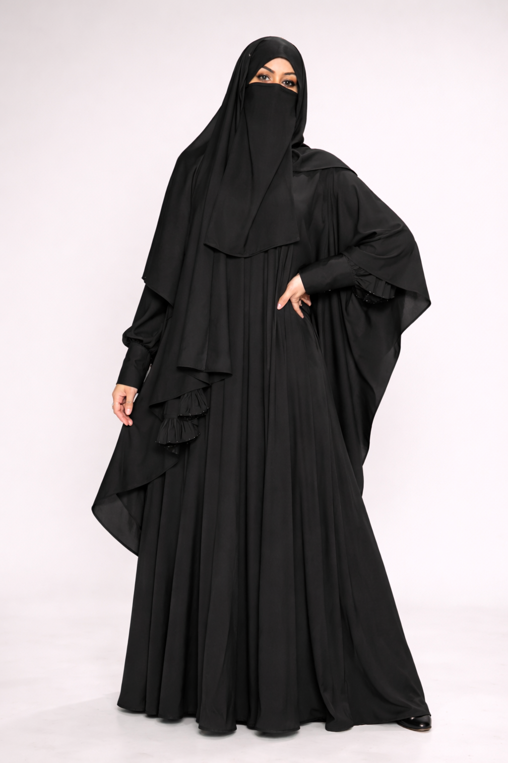 Khadijah 2| Black 4-Piece Abaya Set | Pleated Zip Abaya, Snap Cape & Pearl Shayla