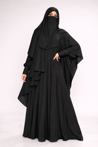 Khadijah 2| Black 4-Piece Abaya Set | Pleated Zip Abaya, Snap Cape & Pearl Shayla