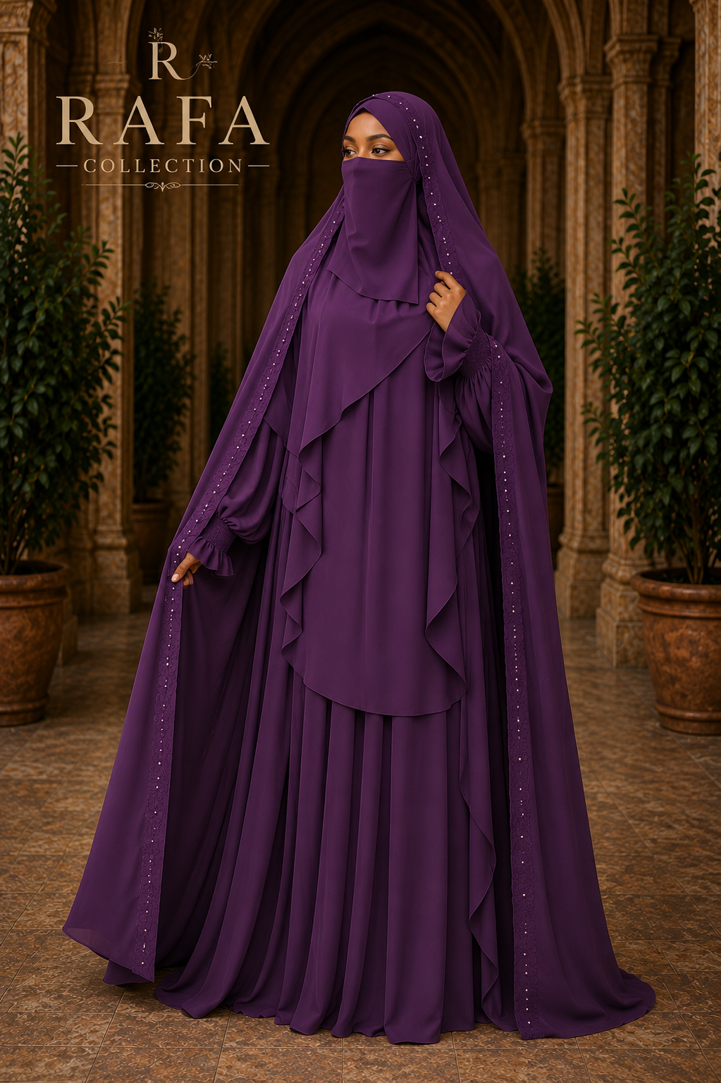 Nur Chadar Set – Flower & Pearl Trim Overhead Abaya with Pleated Abaya & Half Niqab Black Olive Green Navy Blue