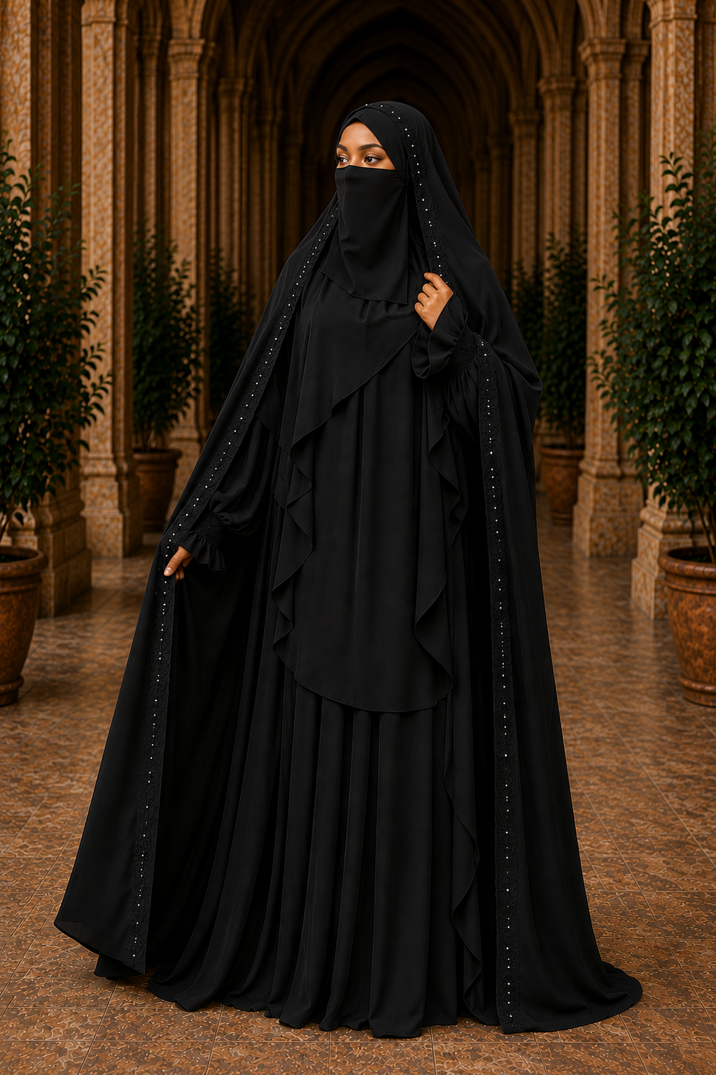 Nur Chadar Set – Flower & Pearl Trim Overhead Abaya with Pleated Abaya & Half Niqab Black Olive Green Navy Blue