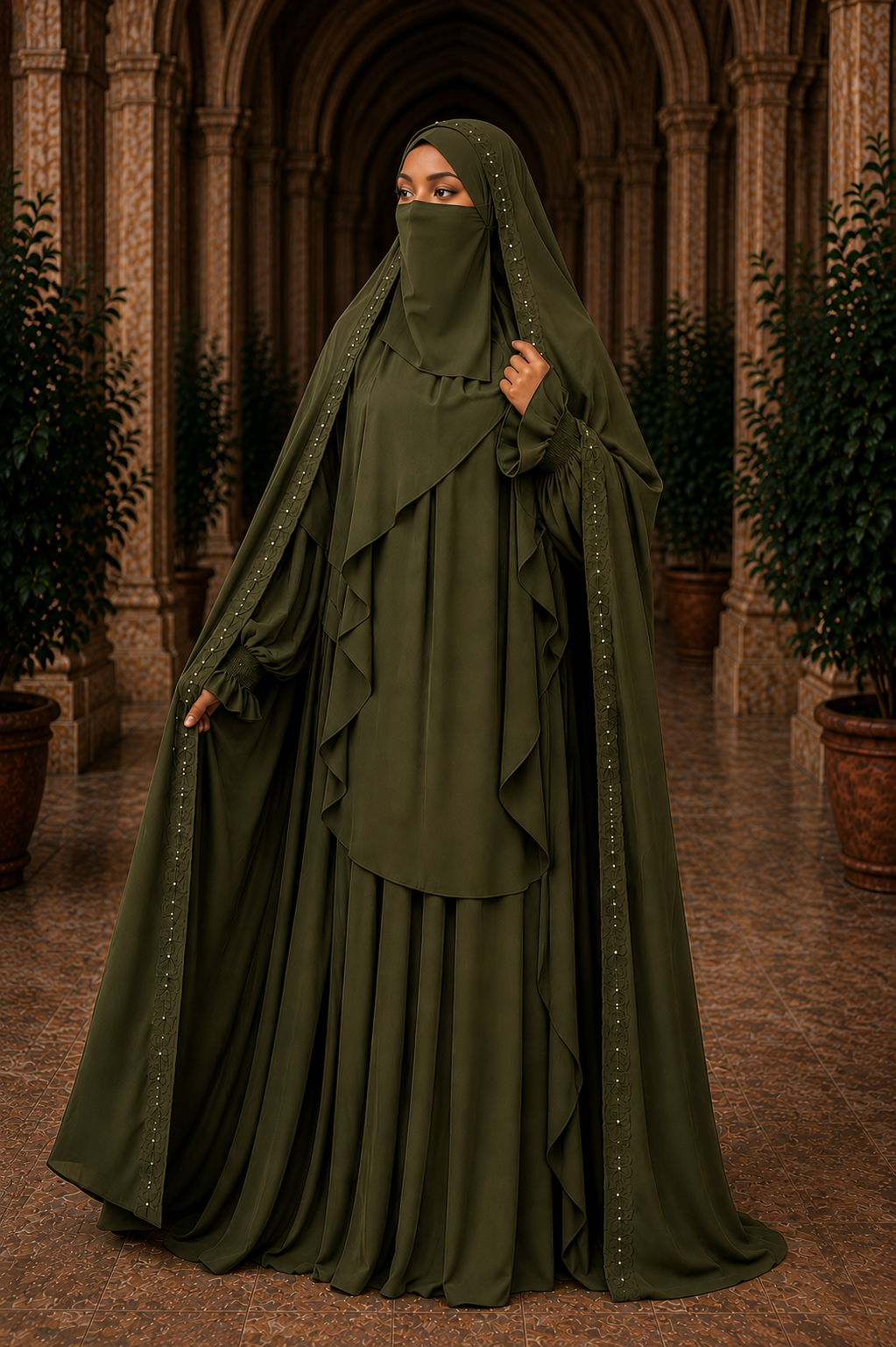 Nur Chadar Set – Flower & Pearl Trim Overhead Abaya with Pleated Abaya & Half Niqab Black Olive Green Navy Blue