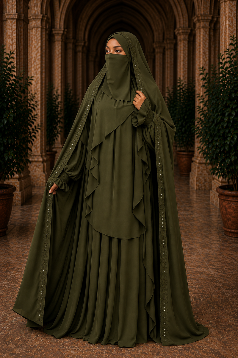 Nur Chadar Set – Flower & Pearl Trim Overhead Abaya with Pleated Abaya & Half Niqab Black Olive Green Navy Blue