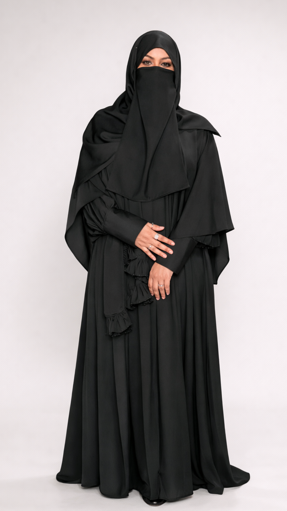 Khadijah 2| Black 4-Piece Abaya Set | Pleated Zip Abaya, Snap Cape & Pearl Shayla