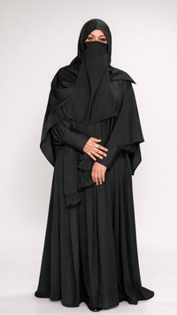 Khadijah 2| Black 4-Piece Abaya Set | Pleated Zip Abaya, Snap Cape & Pearl Shayla
