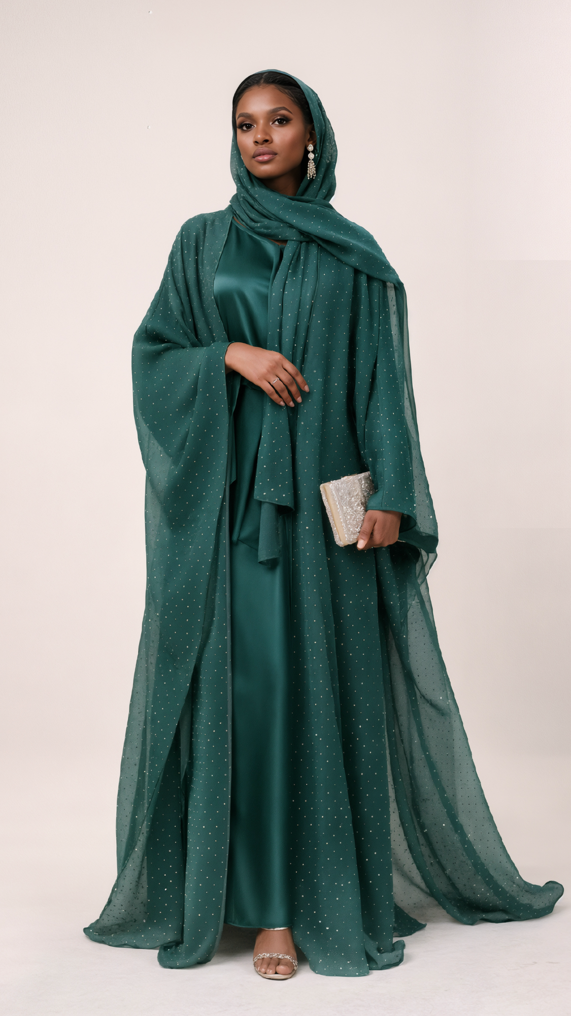 ZARA Emerald Satin Abaya Set | Luxury Sheer Overlay Abaya | Brand B Curated