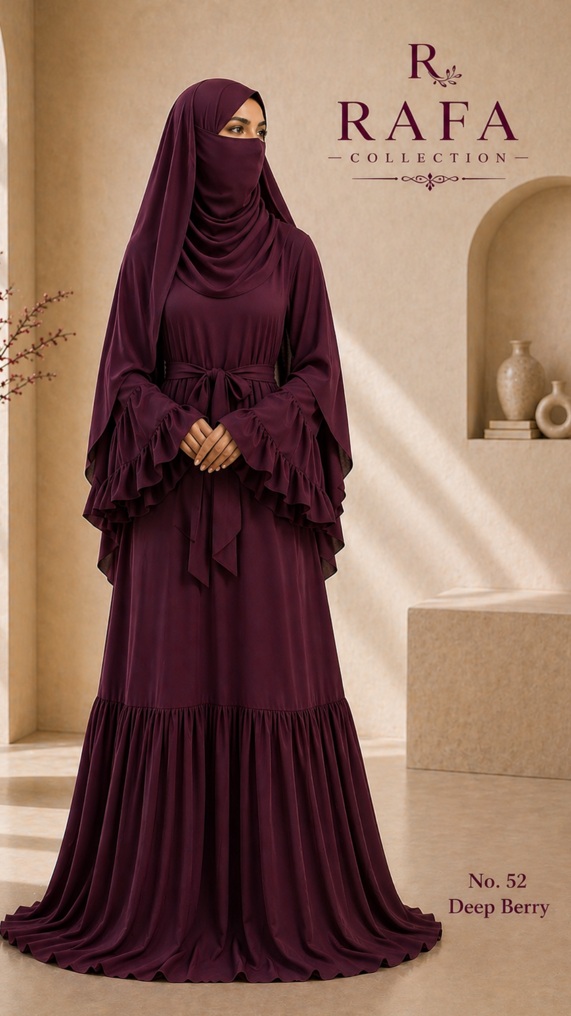 RAFA (Berry) Abaya Set – 3 Piece Modest Set with Khimar & Half Niqab