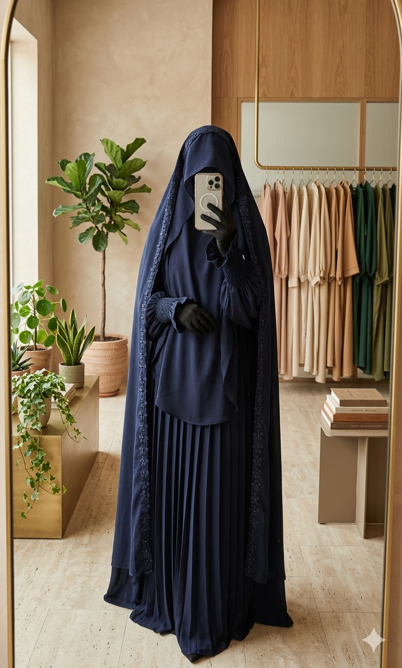 Nur Chadar Set – Flower & Pearl Trim Overhead Abaya with Pleated Abaya & Half Niqab Black Olive Green Navy Blue
